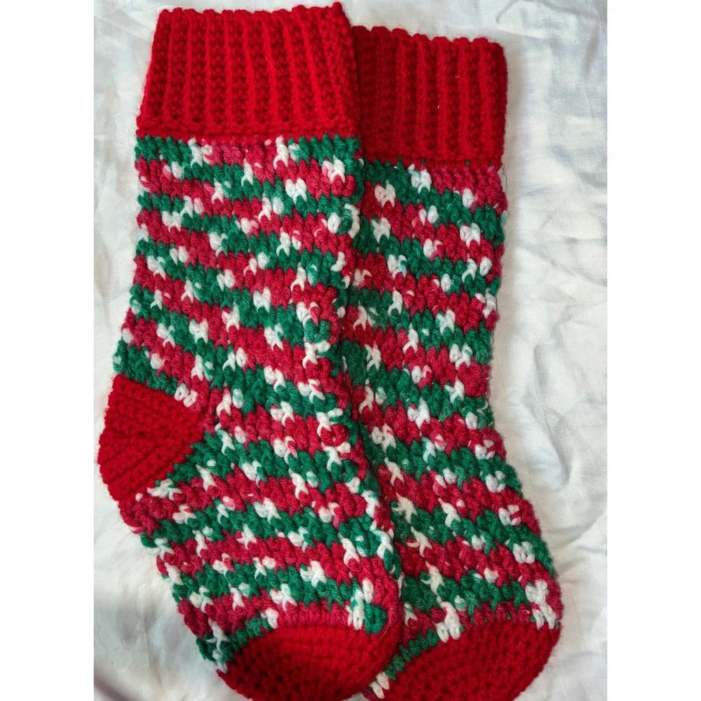 Home Made Christmas Stocking Red Green White Festive Holiday Knit